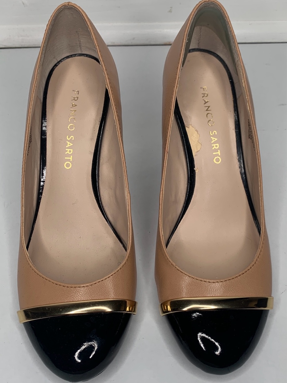 Franco Sarto Tan Leather Wedges with Black Patent Cap Toe and Gold Trim